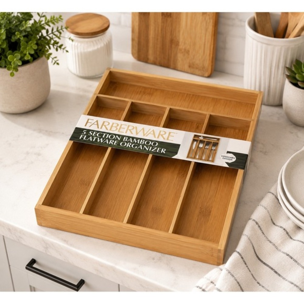 Farberware 5 Section Bamboo‎ Flatware Drawer Organizer Tray 14"Lx10"Wx2"H New
